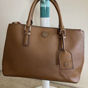 Tory Burch Double Zipper Beige/Tan Leather Tote Bag Top Handle & Strap